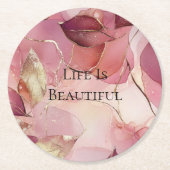 Dessous-de-verre Rond En Papier Feuilles dorées Bourgogne Fushia Rose (Devant)