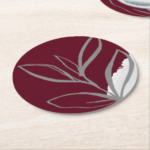 Dessous-de-verre Rond En Papier Feuilles minimalistes aquarelles en bordeaux