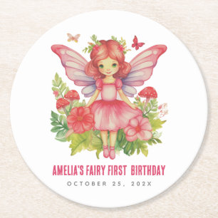 Dessous-de-verre Rond En Papier Fille Fée Premier anniversaire mignon rose