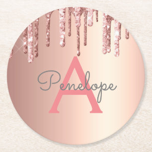 Dessous-de-verre Rond En Papier Fille Parties scintillant rose Monogrammé Rose gou