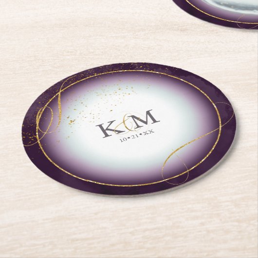 Dessous-de-verre Rond En Papier Fine Lines Gold Abstrait Mariage V3 Plum ID867 (Incliné)