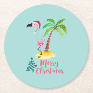 Dessous-de-verre Rond En Papier Flamant rose Rose Dans Un Chapeau De Père Noël Par