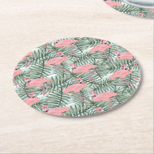 Dessous-de-verre Rond En Papier Flamants roses roses mignons Palm Leafs Motif d'ar