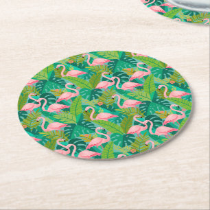 Dessous-de-verre Rond En Papier Flamants roses tropicaux Feuillage de la jungle