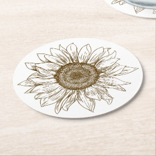 Dessous-de-verre Rond En Papier Fleur au Soleil Tournesol Fleur Marron Mariage Cha