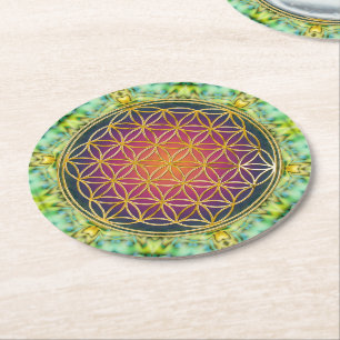 Dessous-de-verre Rond En Papier Fleur de la vie - or - fractale 2