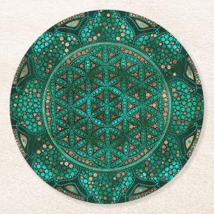 Dessous-de-verre Rond En Papier Fleur de la vie Point Art malachite or