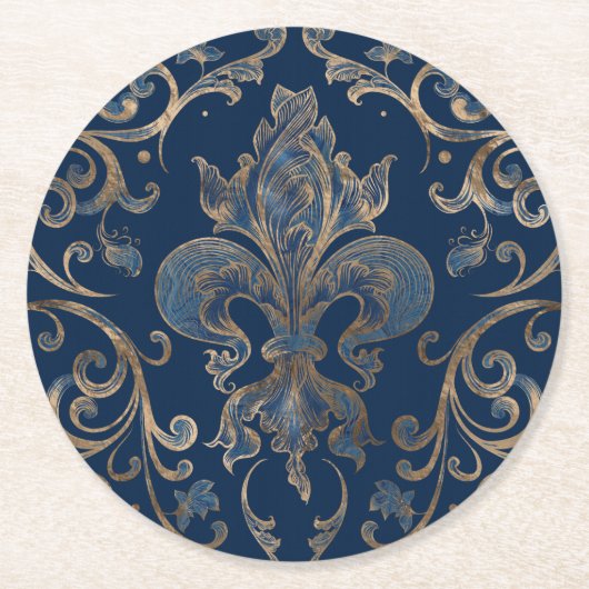 Dessous-de-verre Rond En Papier Fleur de lis, marbre bleu et or (Devant)