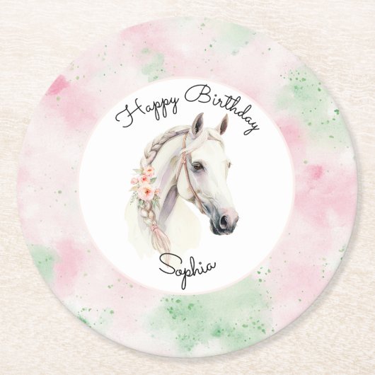 Dessous-de-verre Rond En Papier Fleur de Menthe Rose Anniversaire Cheval Blanc (Devant)