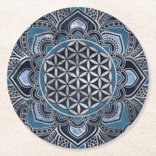 Dessous-de-verre Rond En Papier Fleur de vie à Lotus - Cristal bleu et argent