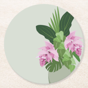 Dessous-de-verre Rond En Papier Fleur rose de Medinilla tropicale dans un vase ver
