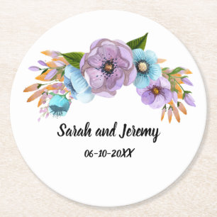 Dessous-de-verre Rond En Papier Fleurs aquarelles boho lilas et sarcelle Personnal