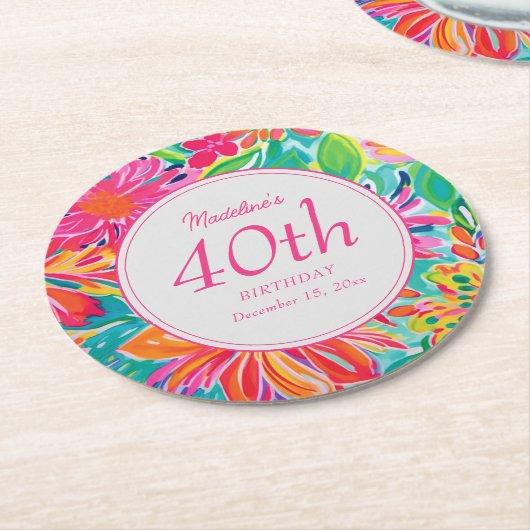 Dessous-de-verre Rond En Papier Fleurs d'aquarelle rose chaud 40e anniversaire (Incliné)