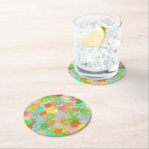Dessous-de-verre Rond En Papier Fleurs d'Aster & Cone & aquarelle tropicale feuill