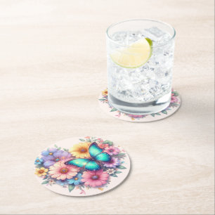 Dessous-de-verre Rond En Papier Fleurs de marguerite avec un beau papillon
