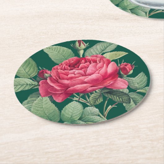 Dessous-de-verre Rond En Papier Fleurs de rose rouge avec Feuilles verts (Incliné)