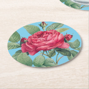 Dessous-de-verre Rond En Papier Fleurs de rose rouge avec Feuilles verts