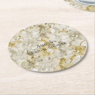 Dessous-de-verre Rond En Papier Fleurs d'orchidée crème dorée Baby Shower