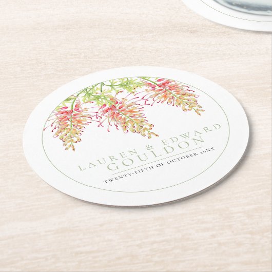 Dessous-de-verre Rond En Papier Fleurs Grevillea aquarelle mariage vert blanc (Incliné)