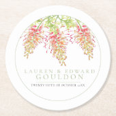 Dessous-de-verre Rond En Papier Fleurs Grevillea aquarelle mariage vert blanc (Devant)