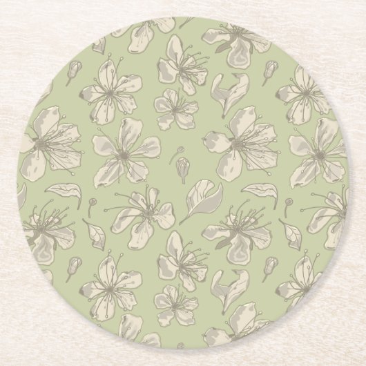 Dessous-de-verre Rond En Papier Fleurs jetées sur vert olive - motif sans soudure. (Devant)