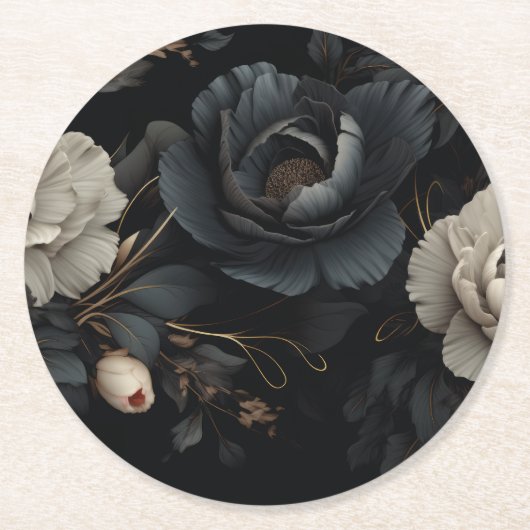 Dessous-de-verre Rond En Papier Fleurs noires et blanches (Devant)