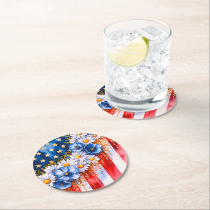 Dessous-de-verre Rond En Papier Fleurs pailletées de drapeau américain patriotique