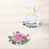Dessous-de-verre Rond En Papier Fleurs roses roses avec Feuilles verts (En situation)