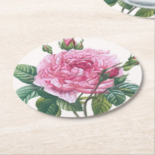 Dessous-de-verre Rond En Papier Fleurs roses roses avec Feuilles verts