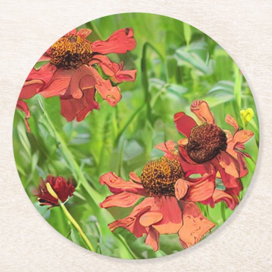 DESSOUS-DE-VERRE ROND EN PAPIER FLEURS ROUGES RUDBECKIA (Devant)