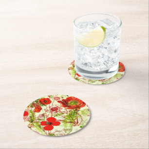 Dessous-de-verre Rond En Papier Fleurs sauvages d'été des Vintages pavots Red Gr