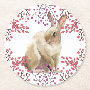 Dessous-de-verre Rond En Papier Fleurs violettes Lapin de Pâques