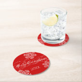 Dessous-de-verre Rond En Papier Flocon de neige rouge personnalisé Joyeux Noël (En situation)