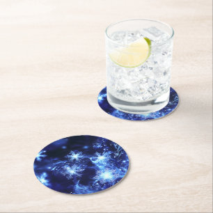 Dessous-de-verre Rond En Papier Flocons de neige bleus scintillants d'hiver