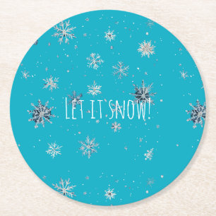 Dessous-de-verre Rond En Papier Flocons de Noël Aqua Bleu Argenté Blanc