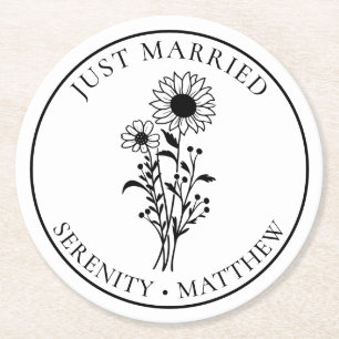 Dessous-de-verre Rond En Papier Floral juste marié tournesol noir blanc Mariage