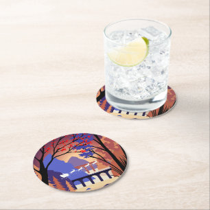 Dessous-de-verre Rond En Papier Forêt crépusculaire de Noël traîneau du Père Noël