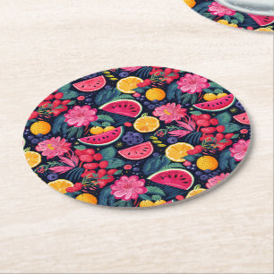 Dessous-de-verre Rond En Papier Fruits et Fleurs Tropicaux
