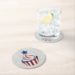 Dessous-de-verre Rond En Papier Gâteau cupcake rouge, blanc et bleu avec paillette