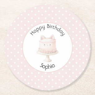 Dessous-de-verre Rond En Papier Gâteau d'anniversaire de chaton rose mignon