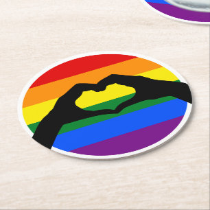 Dessous-de-verre Rond En Papier GAY PRIDE LGBT Arc-en-ciel et main du coeur Silhou