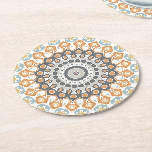 Dessous-de-verre Rond En Papier Geometric Mandala in Orange, Gray, and Blue (Incliné)