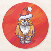 Dessous-de-verre Rond En Papier Ginger Chat Noël Sur Rouge (Devant)
