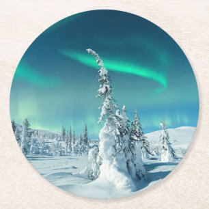 Dessous-de-verre Rond En Papier Glace et neige   Northern Lights, Laponie, Finland