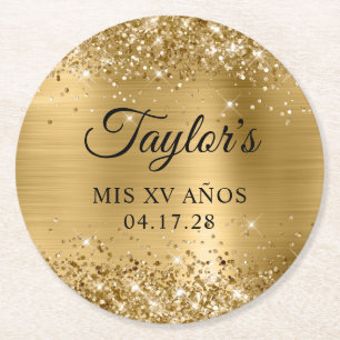 Dessous-de-verre Rond En Papier Glitt Gold Foil Mis XV Anos Anniversaire