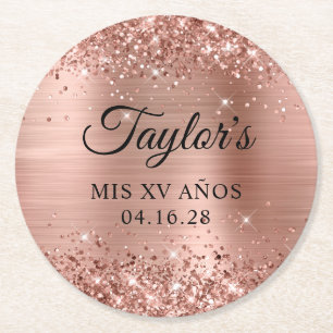 Dessous-de-verre Rond En Papier Glitter Rose Gold Foil Mis XV Años