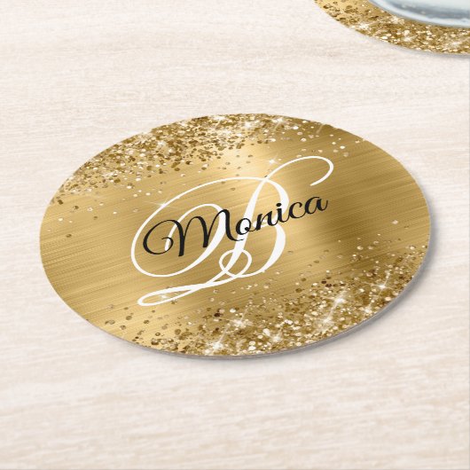 Dessous-de-verre Rond En Papier Glitterie or huile Fancy Monogramme (Incliné)