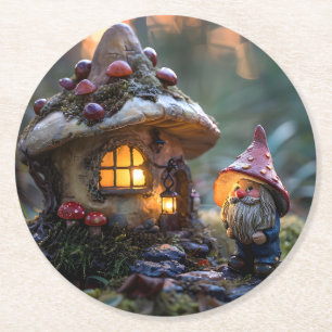 Dessous-de-verre Rond En Papier Gnome et une maison de champignons, design imagina