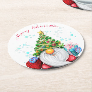 Dessous-de-verre Rond En Papier Gnome mignon avec chapeau d'arbre de Noël et cadea