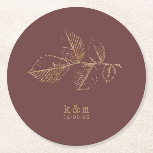 Dessous-de-verre Rond En Papier Golden Leaf Mariage Gold/Burgundy ID655 (Devant)